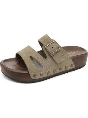 Women's Slides Platform C Khaki Genuine Leather Arch Support Buckle Sandals